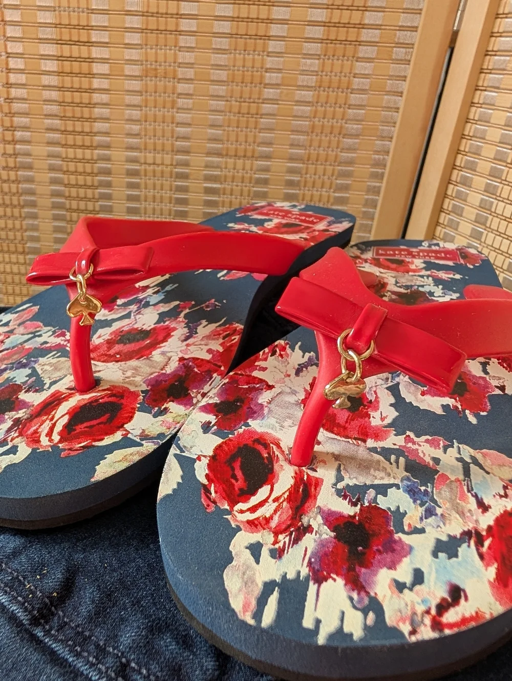 kate spade Navy Floral Flip Flops with Red Straps and Pink Accents - Picture 4 of 6